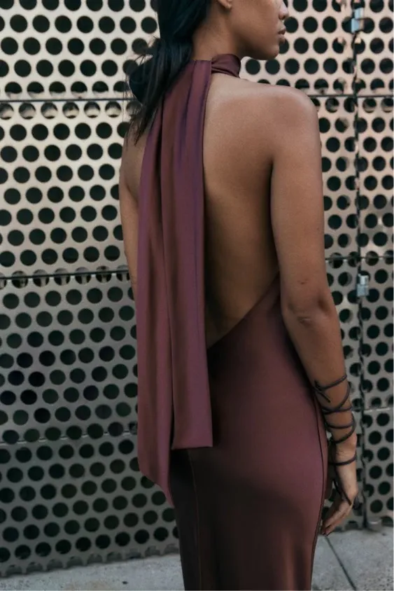 Zara maxi halter scarf satin Elegant Burgundy Brown Evening Wedding Dress - Image 14