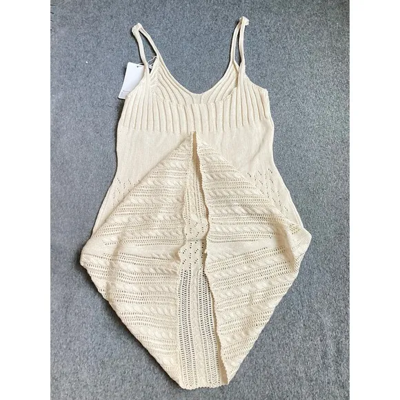 Women's XS Hollow Out Knit Sundress,‎ Elegant Summer Streetwear Mini Dress Beige - Image 6