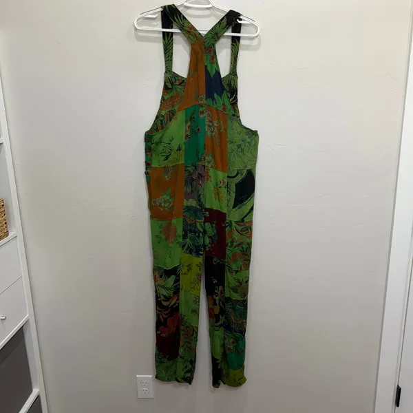 Dungarees L/XL Overalls Green Floral Patchwork Viscose Boho Hippie Stretch Artsy - Image 8