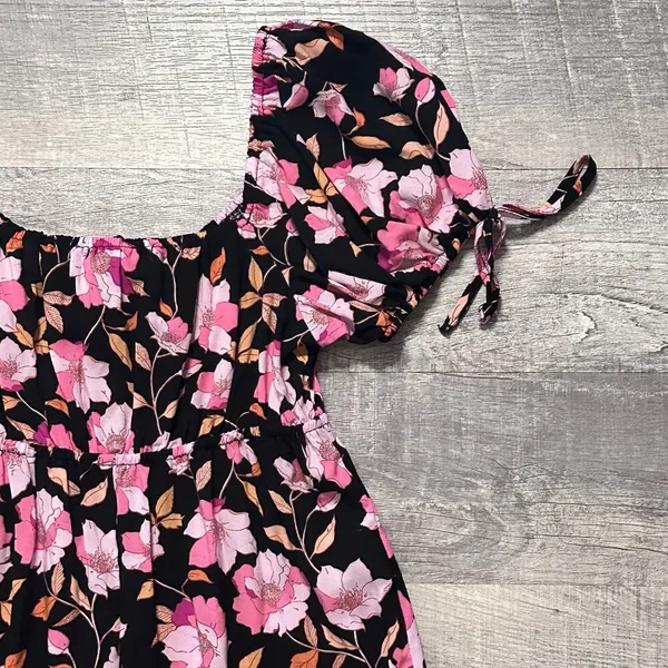 Charlotte Russe Pink Floral Puff Sleeve Black Mini Dress NEW Womens M Ruffle Hem - Image 6