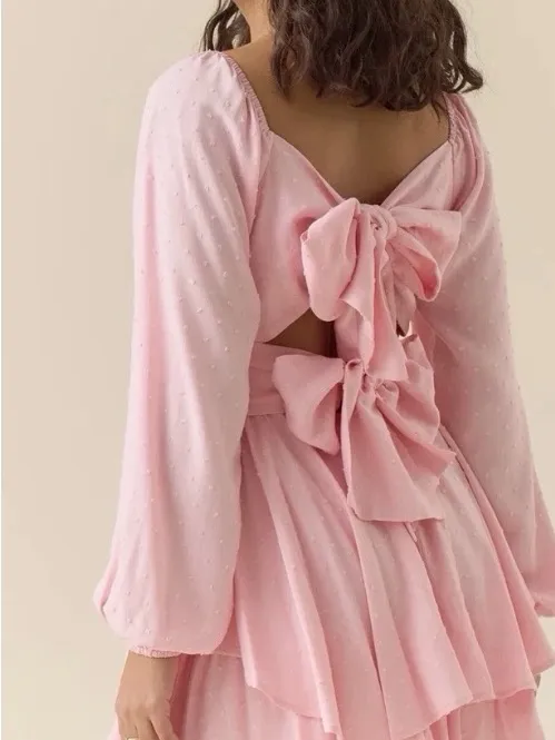 Altar'd State Soft Pink Long-Sleeve Empire Double Tie Back Romper - Image 9