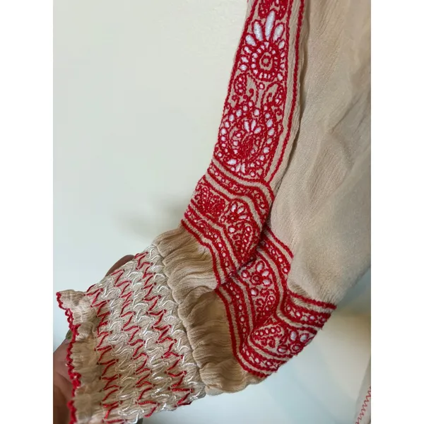 Free People Boho Embroidered Mini Dress Cream Red Tassel XS Peasant Gauze - Image 4