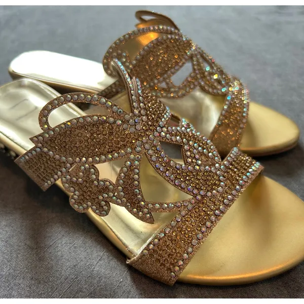 Gold Rhinestone Butterfly Slide Sandals Architectural Crystal Block Heel - Image 3