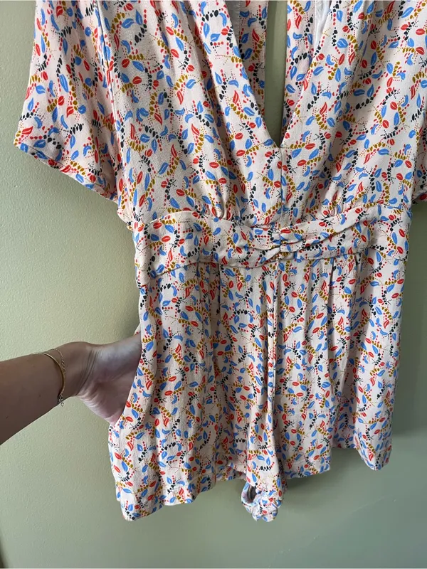 Free People Blush Pink Floral Print Romper with Blue & Red Accents - Image 9
