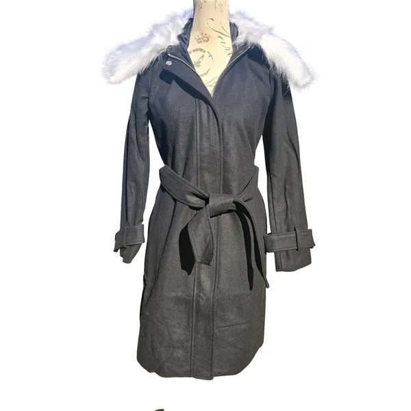 Gabrielle Union NWT Black Wool Blend Belted Coat Removable Faux Fur‎ Collar XS - Image 4