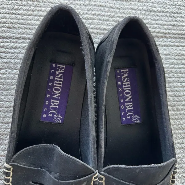 Fashion Bug Black Faux Suede Loafers with Whip Stitiching Detail Sz 9 - Image 5
