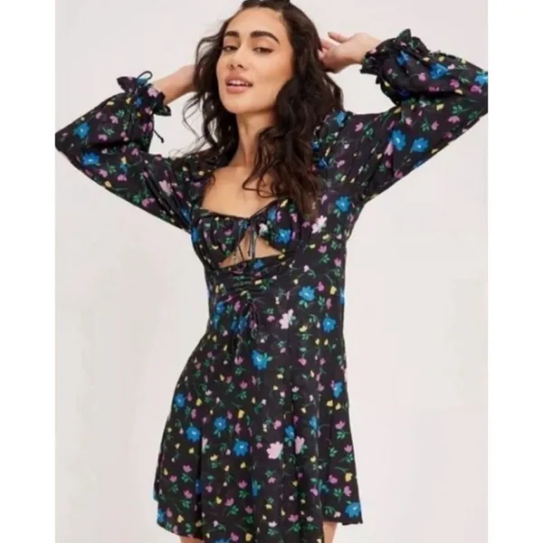 New For Love and Lemons Lexy Black Floral Long Sleeve Dress Size XS - Image 5