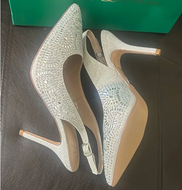 Lauren Lorraine Rachel Silver Shimmer Pointed Toe Embellished Slingback Pumps - Image 10