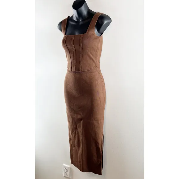 Miou Muse Knit Set Cropped Corset Top High Rise Midi Skirt Brown Small - Image 6