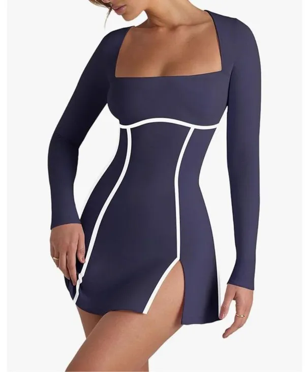NEW Navy Blue Long Sleeve Square Neck Bodycon Side Slit Mini Dress M - Image 8