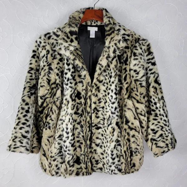 Chico's Womens Jacket Size 1 Cream Black Luxe Cheetah Print Aminal Faux Fur Coat - Image 11