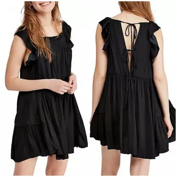 Free People Want Your Love Black Mini Dress Small Smocked Tie Back Boho Babydoll - Image 9