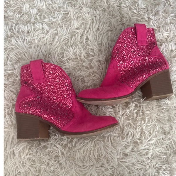 Sugar SGR Comet Pink Rhinestone Western Ankle Boots Block Heel Women's Size 7M‎ - Image 2