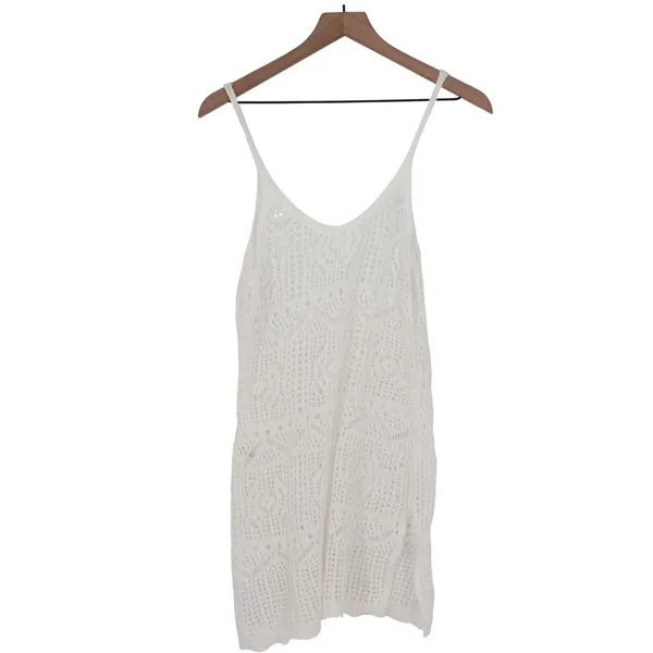 White Crochet Knit Beach Cover Up Dress Spaghetti Strap Mini V-Neck Large - Image 4