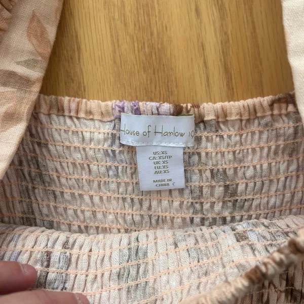 House of Harlow 1960 Linen Blend Smocked Midi Dress XS Peach Floral Palm Bishop‎ - Image 6