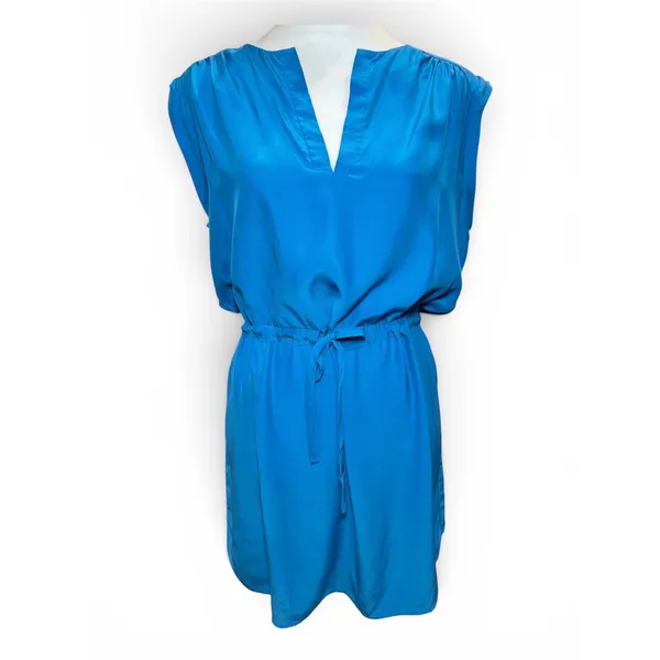 Amanda Uprichard‎ Silk Shift Dress L Blue Split Neck Tie Waist - Image 2