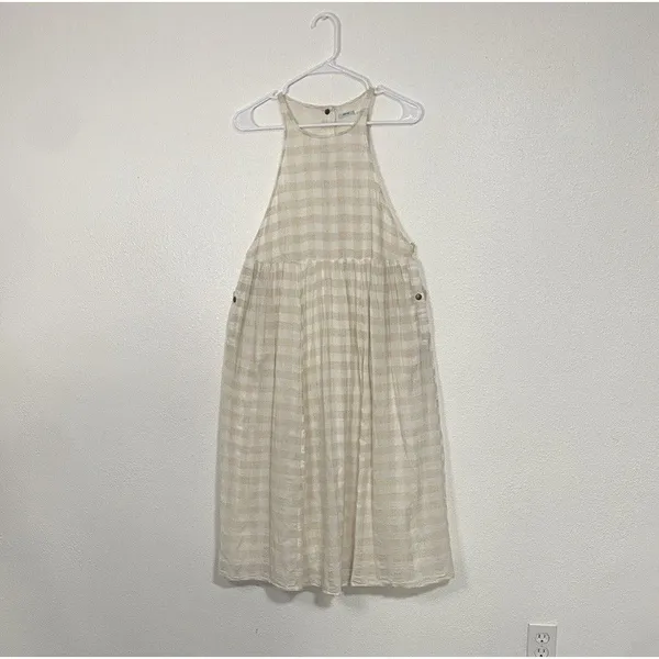 KIMCHI BLUE Size S Gingham White Beige Plaid Linen Cotton Pinafore Dress Snaps - Image 4