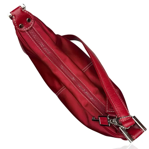 NWOT Fossil Shoulder Bag Red Nylon Multi Pocket‎ Key Charm Leather Strap - Image 5