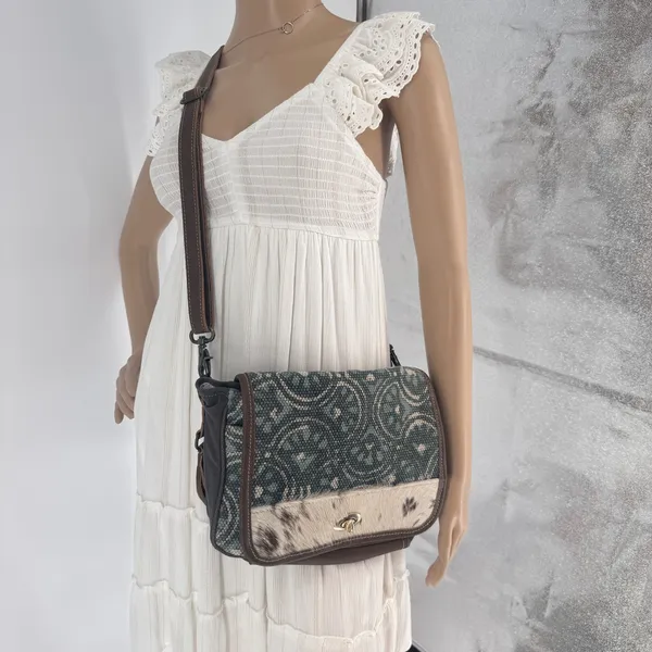 Myra Bag Canvas Cowhide Rug Tapestry Crossbody‎ Bag Teal Brown S-1250 - Image 6
