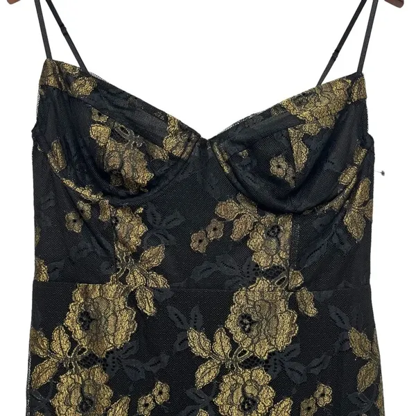 For Love & Lemons Bumble Bustier Mini Dress Black Gold Lace Slip Straps Size M - Image 6
