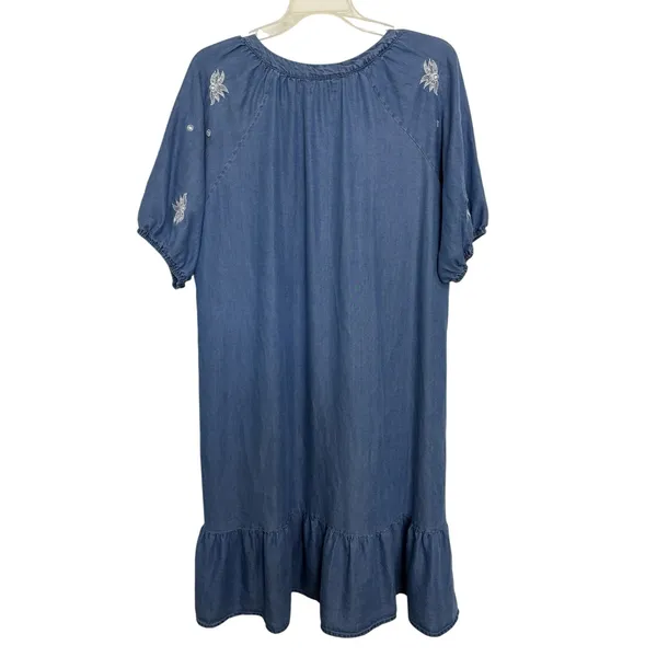 Anthropologie Kindred Chambray Embroidered Denim Mini Dress S Ruffle Hem Prairie - Image 2