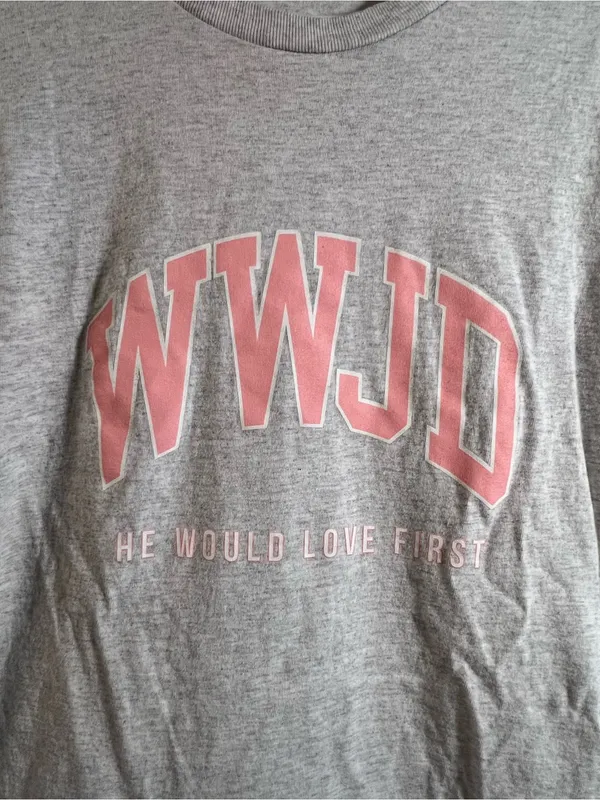 Gildan Ultra Cotton Unisex Size Large T-Shirt Gray Light Pink WWJD He Would Love - Image 4