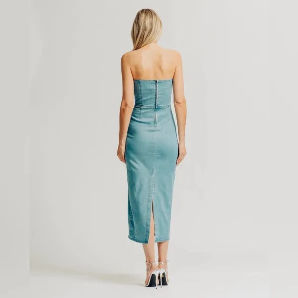 NWT Torn by Ronny Kobo Renee Strapless Denim Midi Dress‎ in Medium Blue Small - Image 2
