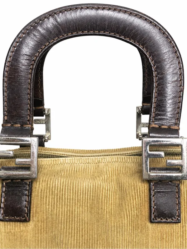 FEND Corduroy Mini Bag with Dark Brown Leather Wrapped Handles & Silver Hardware - Image 7