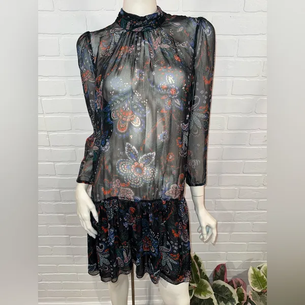 Veronica Beard Sheer Outer Layer Black and Red Floral Dress - Image 3