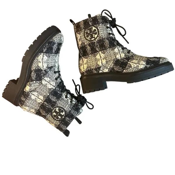 Tory Burch Miller Tweed Lug Sole Combat Boots Black White Size 7 - Image 5