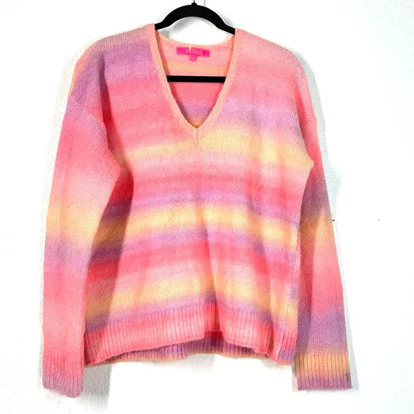 L Lilly Pulitzer Chiya Sweater fuzzy pastel rainbow stripe wool V-neck pink - Image 2