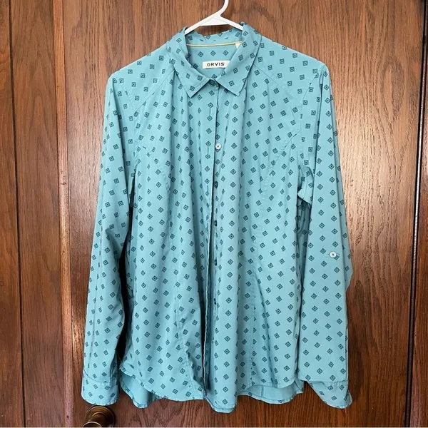 Orvis Button Up Diamond Pattern Roll Up Sleeve Blouse - Image 4