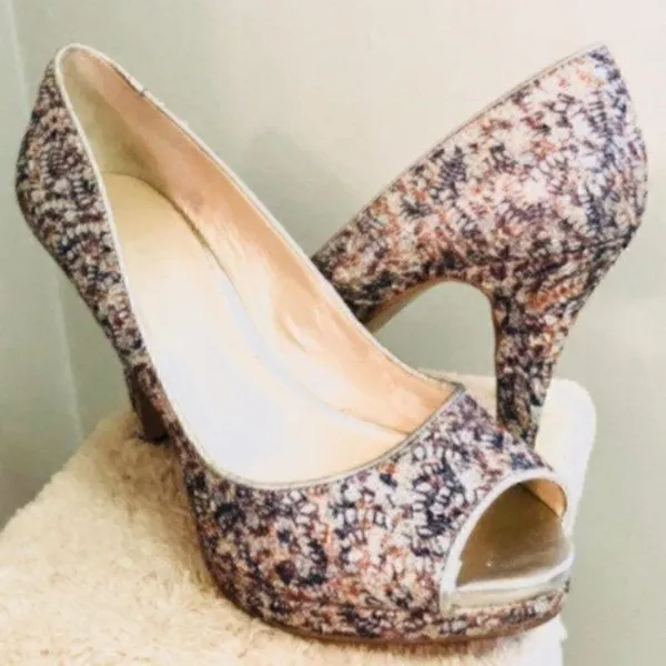 Nine West Metallic Giltter Heels Sparkly Silver Lace Open Toe Evening 7.5 M - Image 2