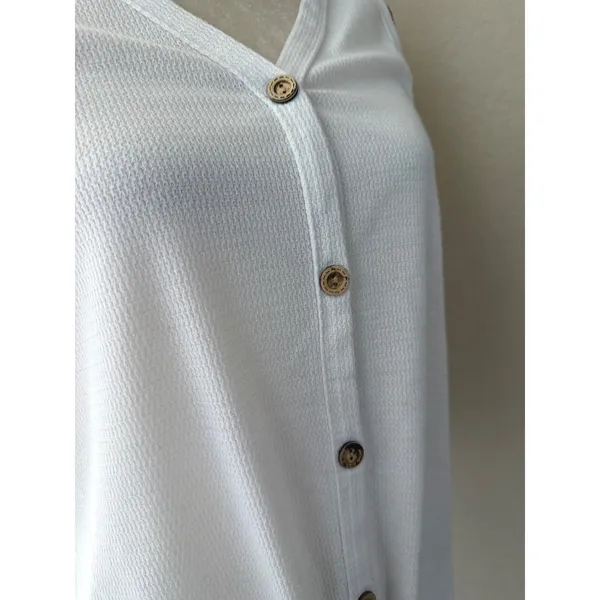 White Waffle Knit Button Front Tie Hem Tank Top Sleeveless V-Neck Large‎ - Image 2