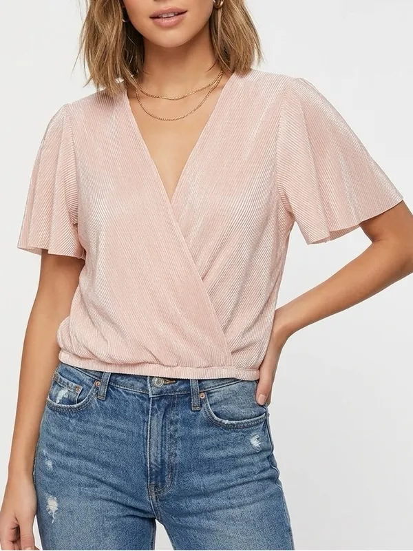 ASTR the Label Plisse Metallic Flutter Sleeve Surplice Wrap Blouse Rose Gold XL - Image 10