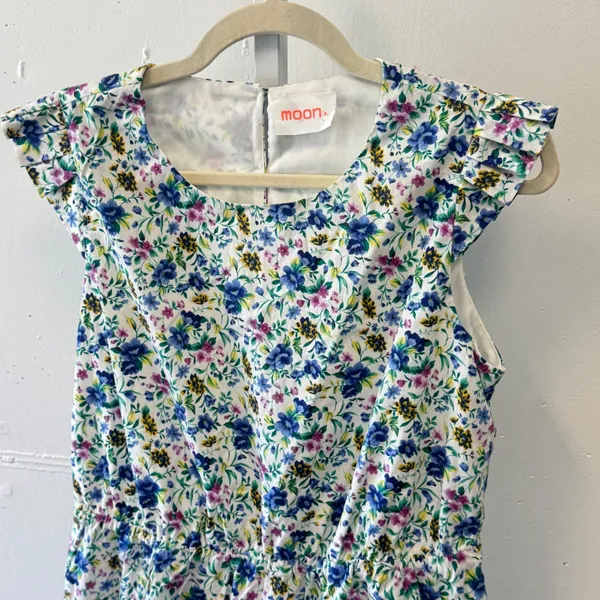 Moon Boutique Floral Ruffle Cap Sleeve Mini Dress White Blue Cotton‎ Large - Image 3