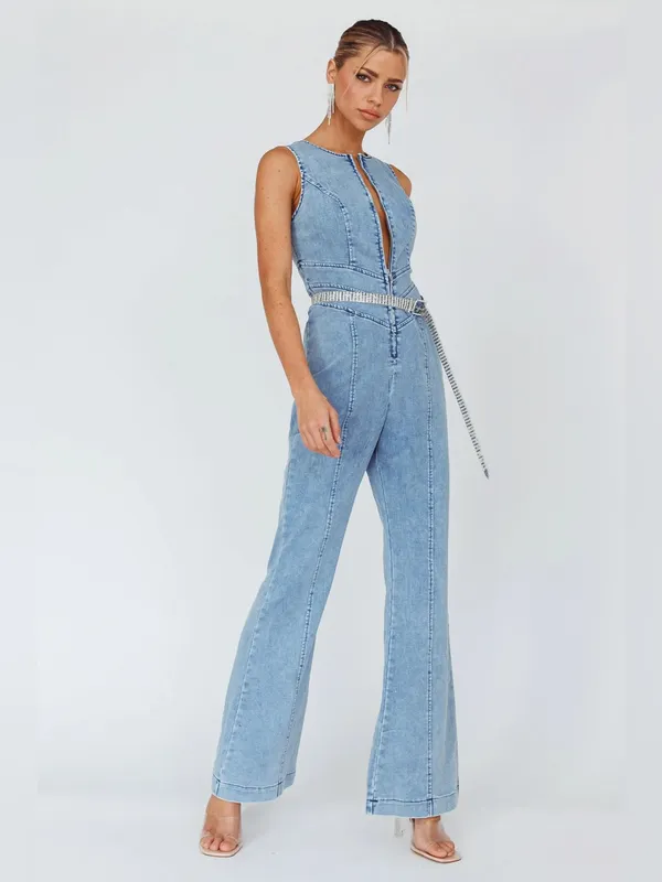 $98 NWT Selfie Leslie x ANGEL BIBA Teigan Heart Back Sleeveless Jumpsuit Denim - Image 3