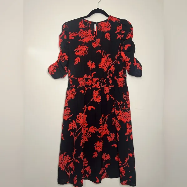 Who What‎ Wear Black Red Floral Puff Sleeve Midi Dress Size L cocktail wedding - Image 8