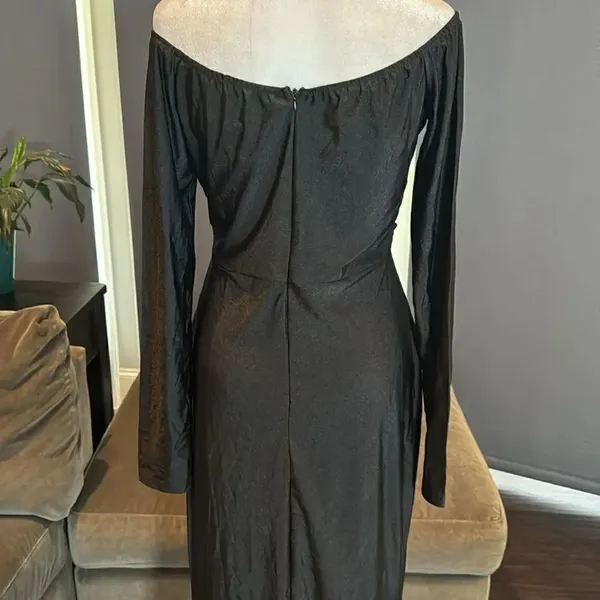 Women’s Black Long Sleeve Off the Shoulder BodyCon Dress Long Leg Slit Size L - Image 6