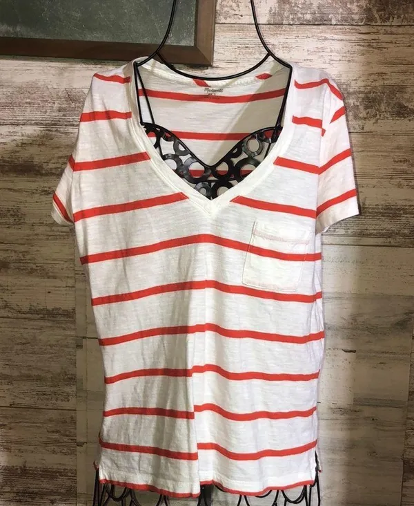 Madewell Whisper Red Striped V Neck Tee crewneck bright ivory/red size s… - Image 3