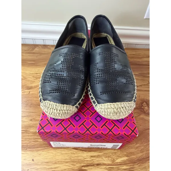 Tory Burch Black Perforated Logo Nappa Leather Espadrille Flats Size 6.5 - Image 2