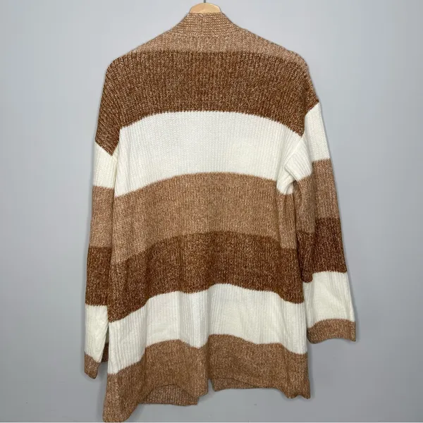 Nine West Colorblock Striped Brown Tan‎ Open Front Cardigan (X-Large) - Image 4