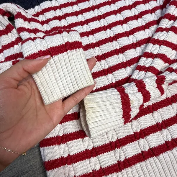 Vintage Tommy Hilfiger nautical fisherman cable knit sweater with red and white stripes at the hem and navy blue upper 100% cotton Made in Japan size small Has some minor yellowing spots as pictured barely noticeable on the hem and on the sleeves Ptp 15” Waist 13.5” Length 22” Inseam 19.25” Stretchy fabric #preppy #vintage #cableknit #fisherman #nautical - Image 7