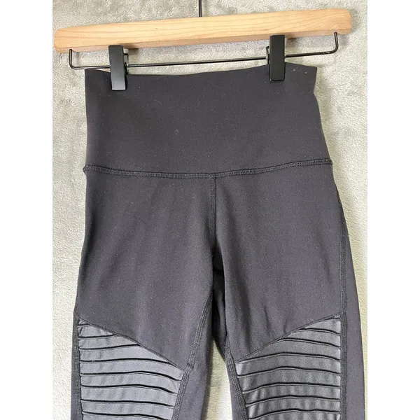 Alo Yoga Moto High Waisted Leggings Black XS Faux Leather Ribbed Panel - Image 2