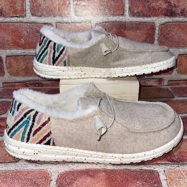 Pre-Owned Hey Dude Wendy Funk Wool Beige Canva Slip On Faux Fur Shoe Size 9 Casu - Image 4
