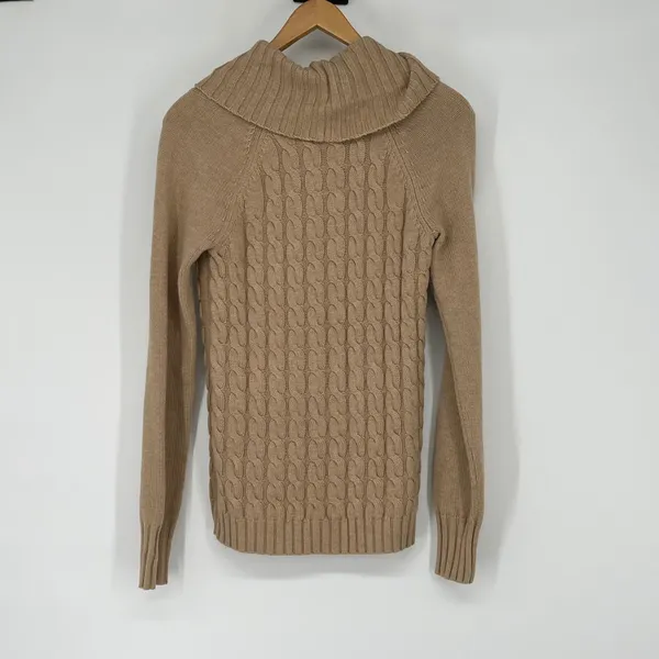 Banana Republic Women's XS Tan Cable Knit‎ Cowl Neck Wool Cashmere Sweater Cozy - Image 2