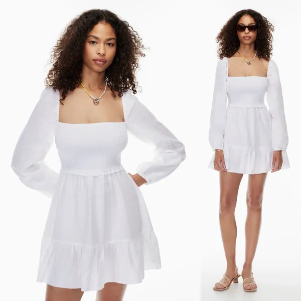 New Aritzia Wilfred New Tempest White Smocked Linen Mini Dress Square Neck Small - Image 5