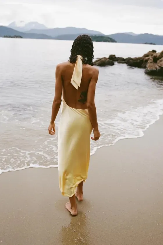 Zara butter Yellow Backless Halter maxi Dress holiday evening wedding - Image 17
