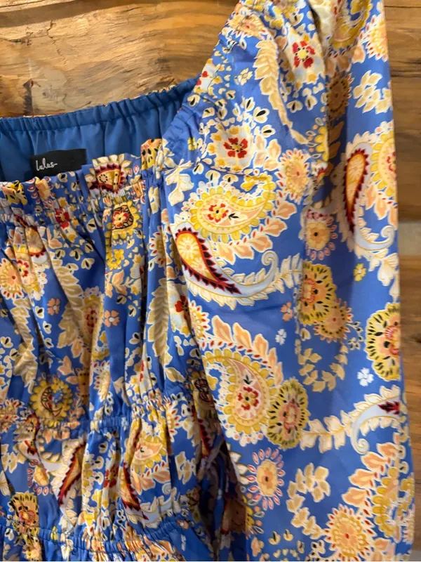 Lulus Staying Cute Blue Paisley Satin Ruffled Long Sleeve Top size Medium - Image 5