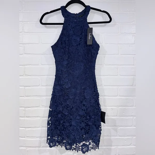 NEW Lulus Love Poem Navy Blue Lace Bodycon Halter Dress - Image 14